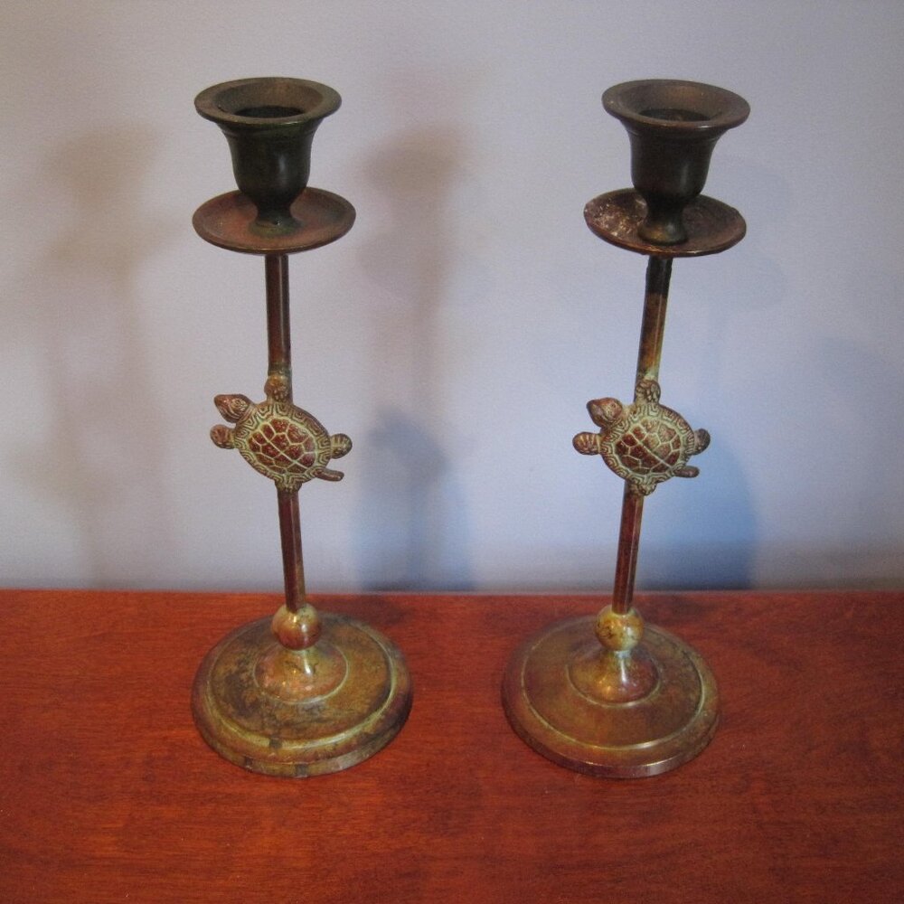 VintagDistressed Brass type 101/4” Candlesticks Candle Holders With Cute Turtles